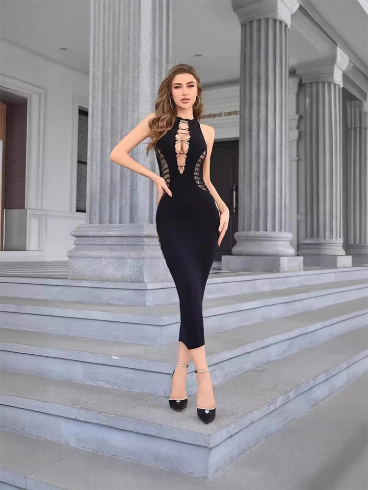 Sexy Damenkleid, Neckholder, figurbetont, langes Kleid, schwarz, mit Schnürung vorne, seitlicher Ausschnitt, ärmellos, Midi, Party, Club, Abendkleid