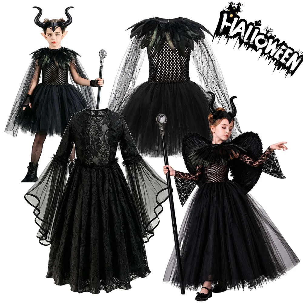 Girls Dark Fallen Angel Queen Costume Lace Tulle Gown for Kids Halloween Carnival Stage Role Play Dress‑Up