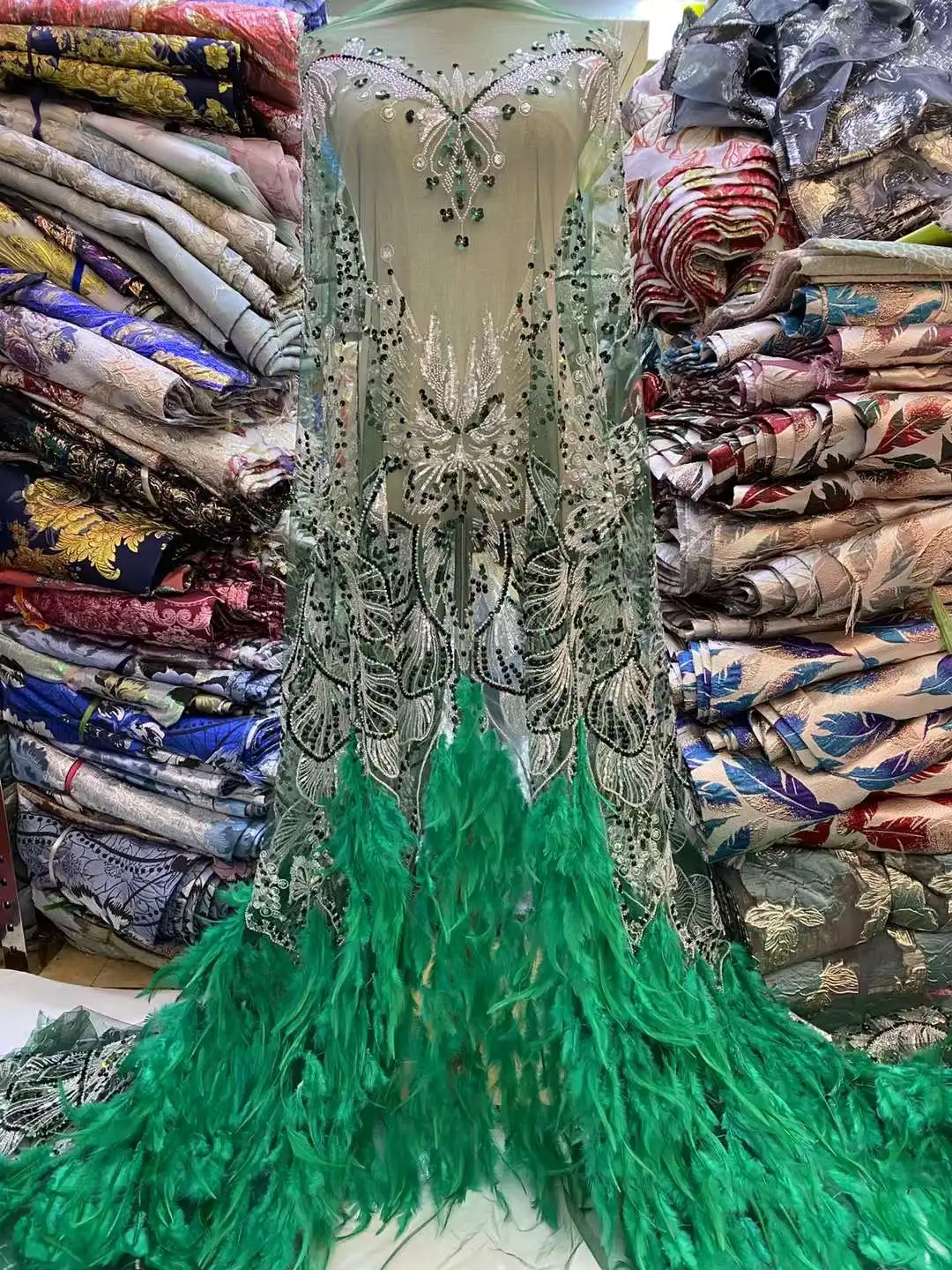 African Luxury 3D Feather Lace Fabric Beaded Lace 2023 High Quality Bule Nigeria Sequin Fabrics for Wedding Evening Dress Sewing
