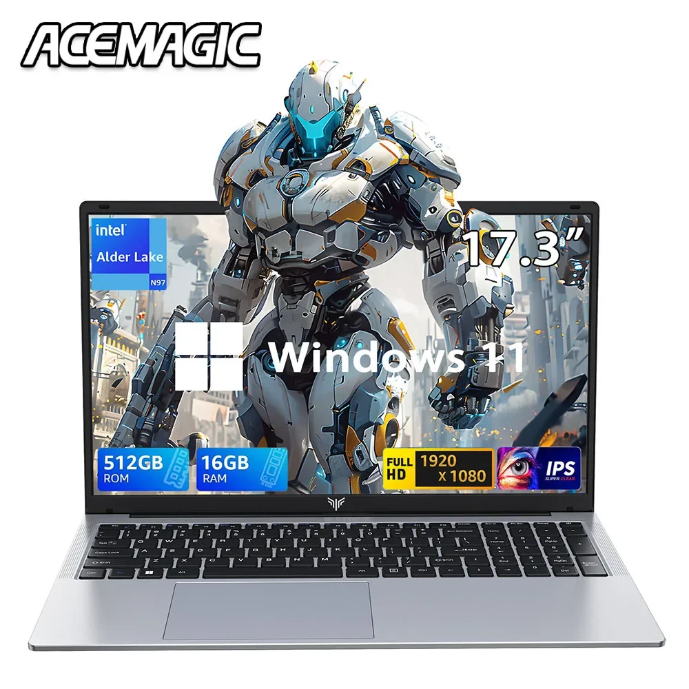 Laptop ACEMAGIC de 17,3 polegadas com alto desempenho Quad Core-12th Alder Lake N97 Laptop Computador Armazenamento espaçoso 16GB RAM 512GB ROM