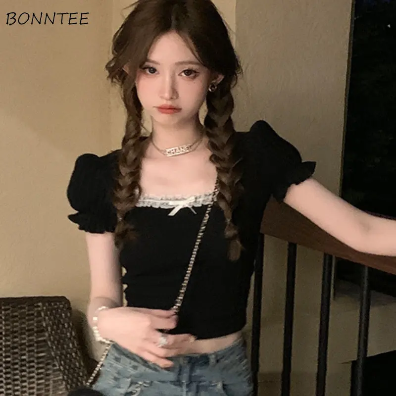 Black T-shirts Women Puff Sleeve Slim Chic Summer Aesthetic Lace Designed Vintage Crop Tops Leisure Elegant Lady Daily All-match