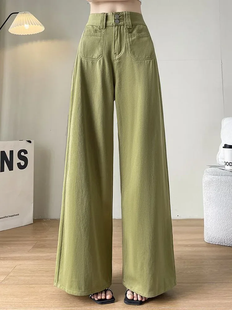 2025 New Green Baggy Wide Leg Jeans Women Vintage High Waist Straight Denim Pants Korean Casual Streetwear Thin Loose