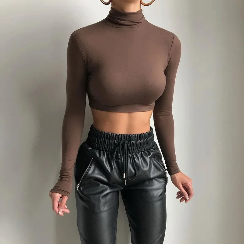 

Sexy Turtlenec Bare Midriff Short Slim T Shirt Women Long Sleeves Solid Color Bottoming Shirt Ladies Tee Shirt Tops Mujer