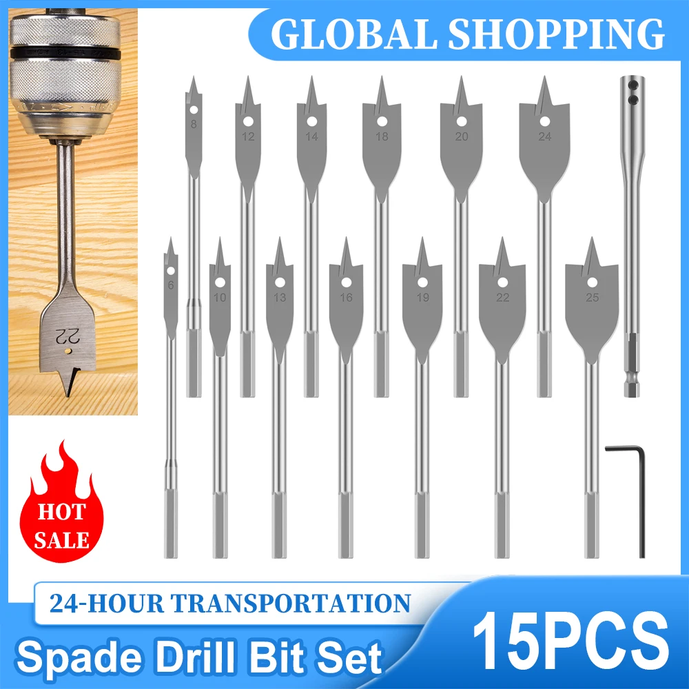 15PCS 6-25mm Durable Woodworking Tool Sets Flat Drill Long High-carbon Steel Wood Flat Drills Woodworking Spade Drill Bits