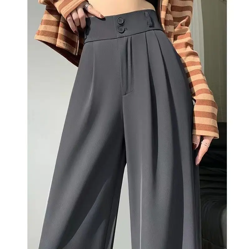 Women Spring Autumn New Commute Fashion High Waist Suit Pants Young Style Button Pockets Zipper Wide Leg Pants Casual Trousers