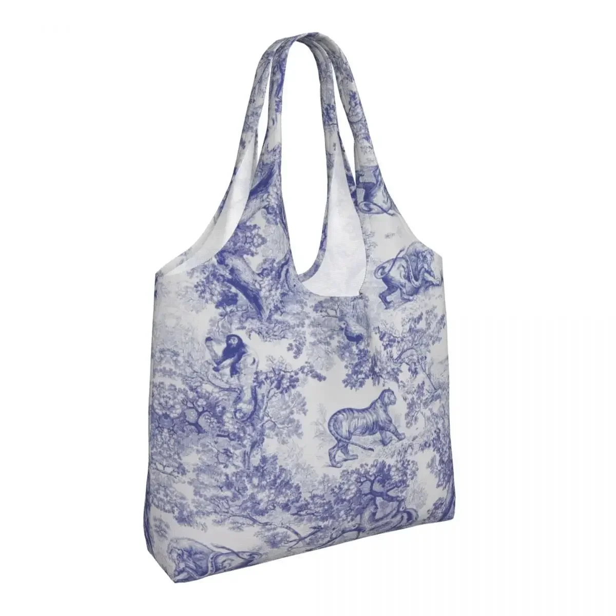 Custom French Toile De Jouy Navy Blue Motif Shopping Tote Bags Animal Forest Floral Art Groceries Canvas Shopper Shoulder Bag