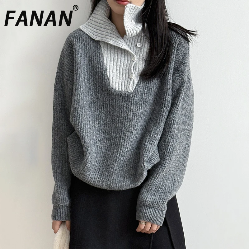 

FANAN Spliced Contrast Color Pullover Sweater For Women Turtleneck Thick Warm Knitting Tops Office Lady Clothing 2025 Winter New