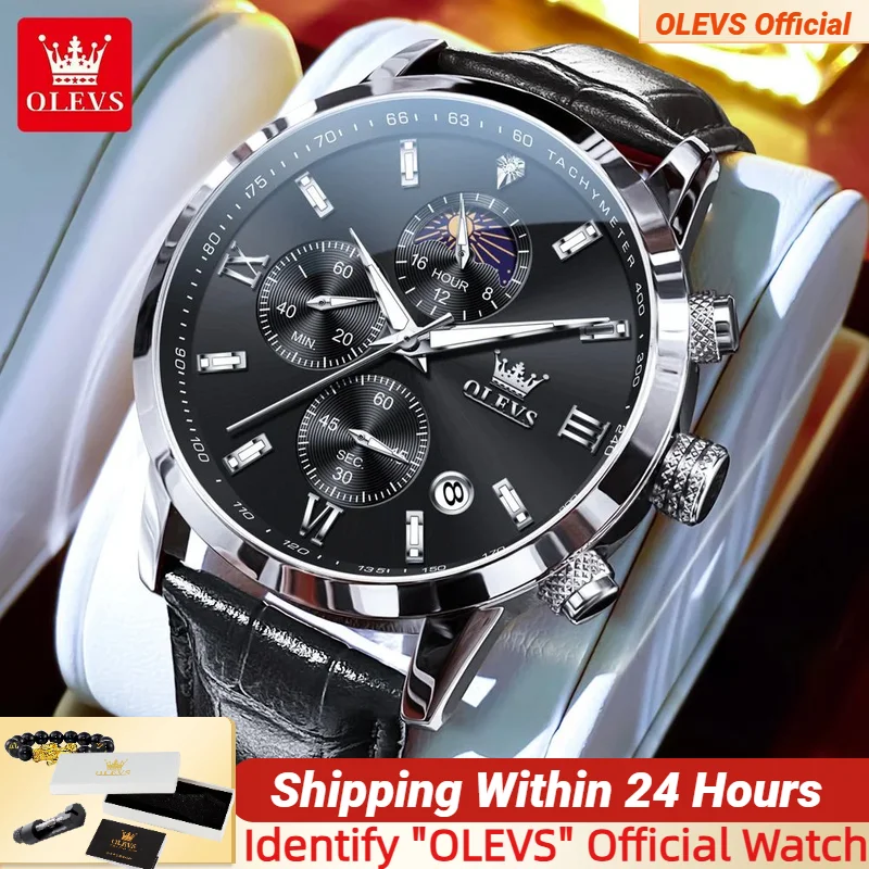 

OLEVS 9812, мужские часы, оригинальный кожаный ремешок, многофункциональные, с тремя маленькими циферблатами, водонепроницаемые светящиеся кварцевые часы для мужчин, новый тренд