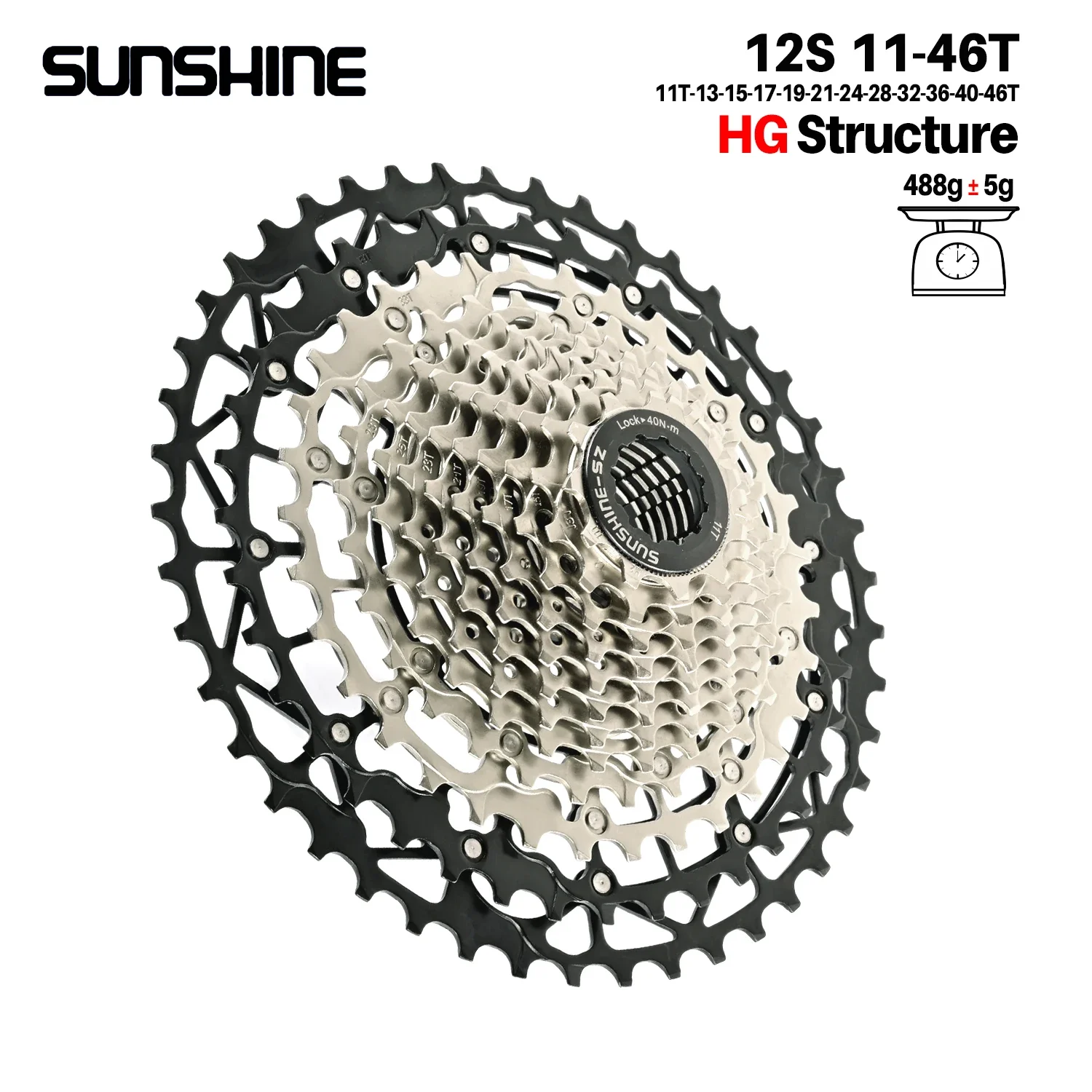 SUNSHINE Ultraleichtes Fahrradkassetten-Freilauf, Kohlenstoffstahl, Material 9/10/11/12/13 Geschwindigkeit, HG-Struktur, Kettenrad für Mountainbike
