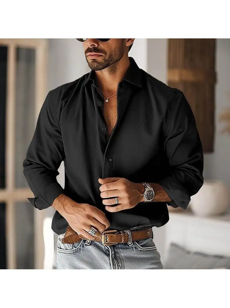 

Men's Long Sve Lapel irt Color Polyester Fiber Breathable Casual Faion Basic Sle for Youth All Seasons Wear