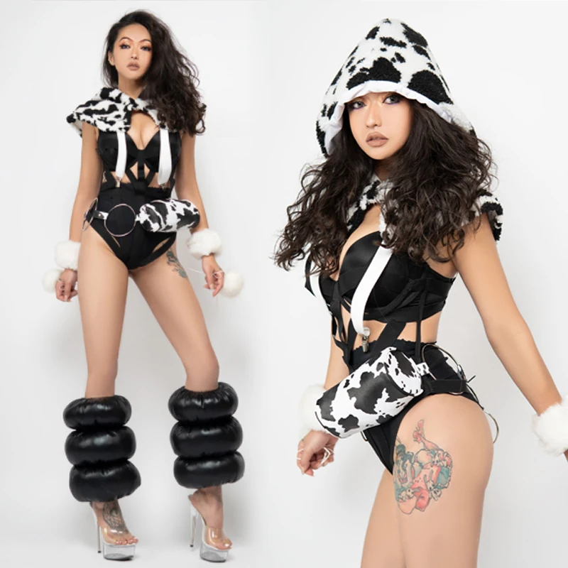 

Nightclub Gogo Jazz Dancer Stage Costume Plush Cow Hat Sexy Bikini Bar Party Rave Outfit Adult Women Hip Hop Dancewear VDB5174