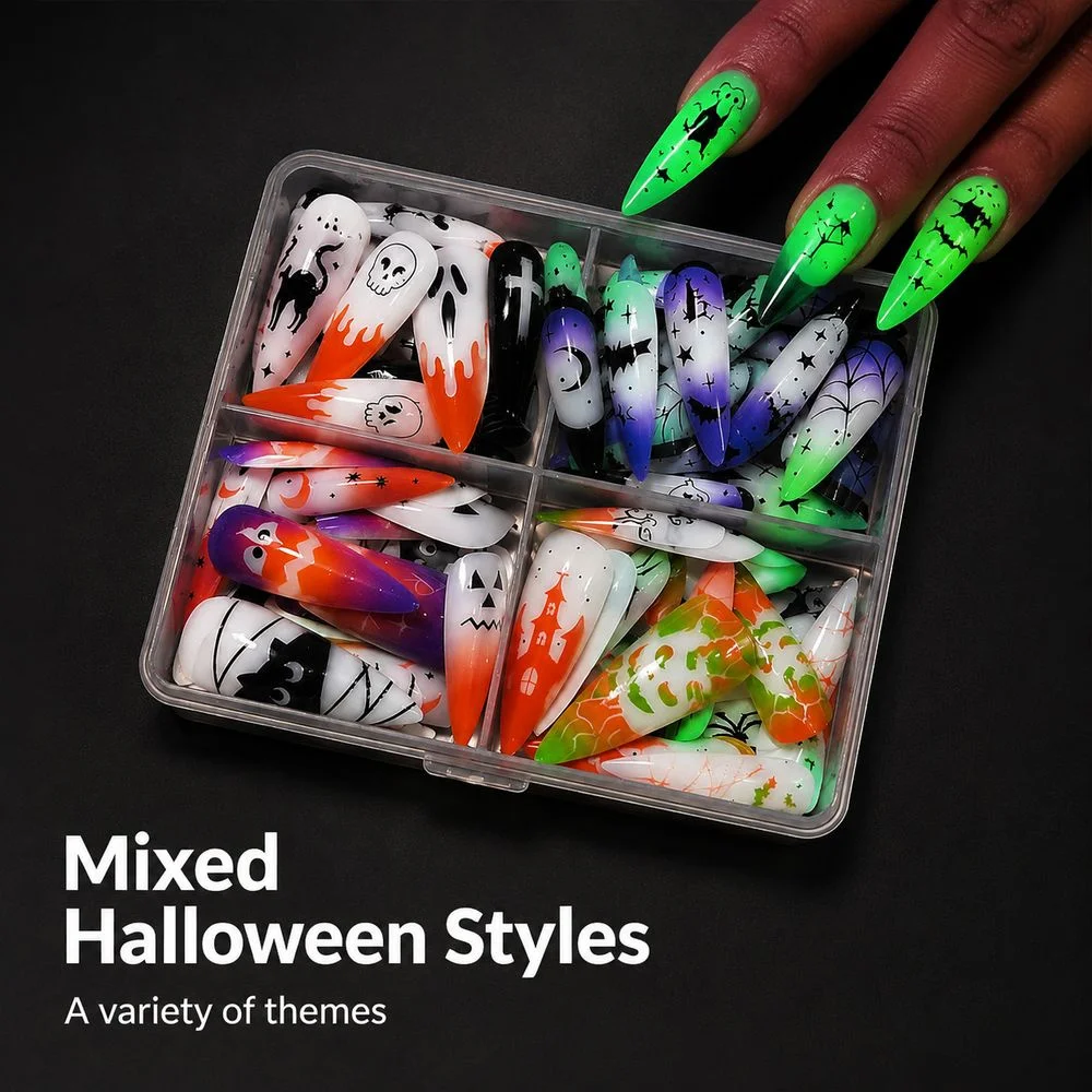 96Pcs Boxed Glowing Halloween Press On Nails Stiletto False Nails Spider Bat Pumpkin Motif 4‑Grids Set For Women Party Manicure