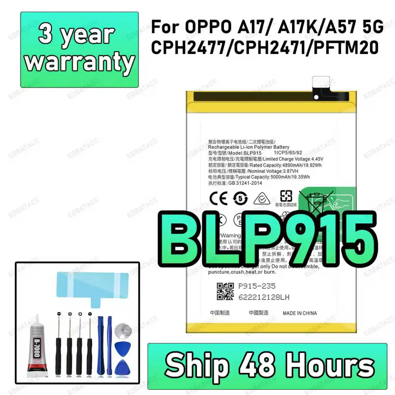 

100% New High Quanlity Battery BLP915 For Opple A17/ A17K/A57 5G Battery Batteries+Free Tools