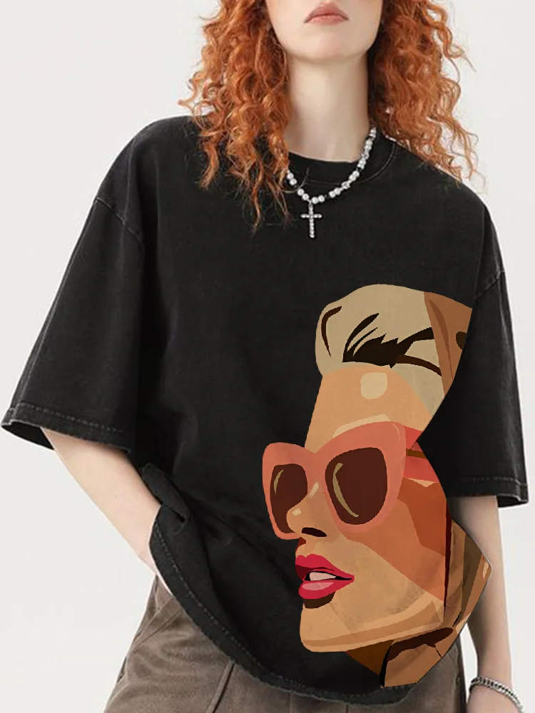 

Vintage Washed Crew Neck T-Shirt with Stylish Woman Graphic Breathable Short-Sleeve Tee Casual Fashion Comfort