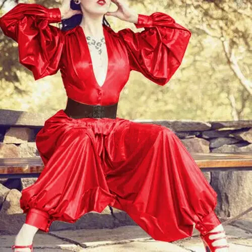 

Rot Top&Pants Gummi Skirt V-Neck Kleid Latex Rubber Fashion Dress Lange Lose