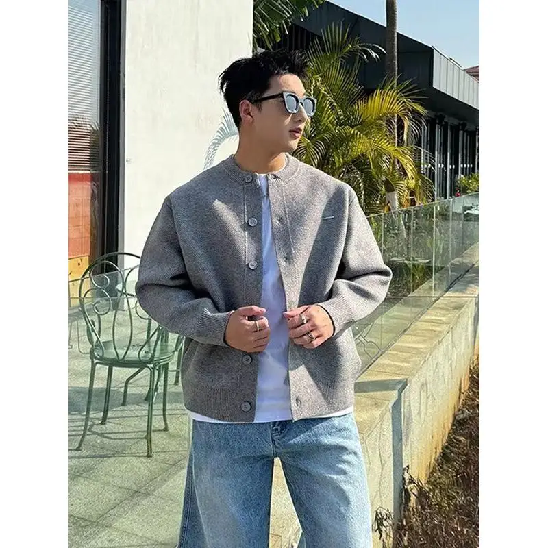 كارديجان رجالي محبوك بأسلوب أمريكي فضفاض برقبة مستديرة بلون سادة متعدد الاستخدامات بأسلوب كاجوال وكسول