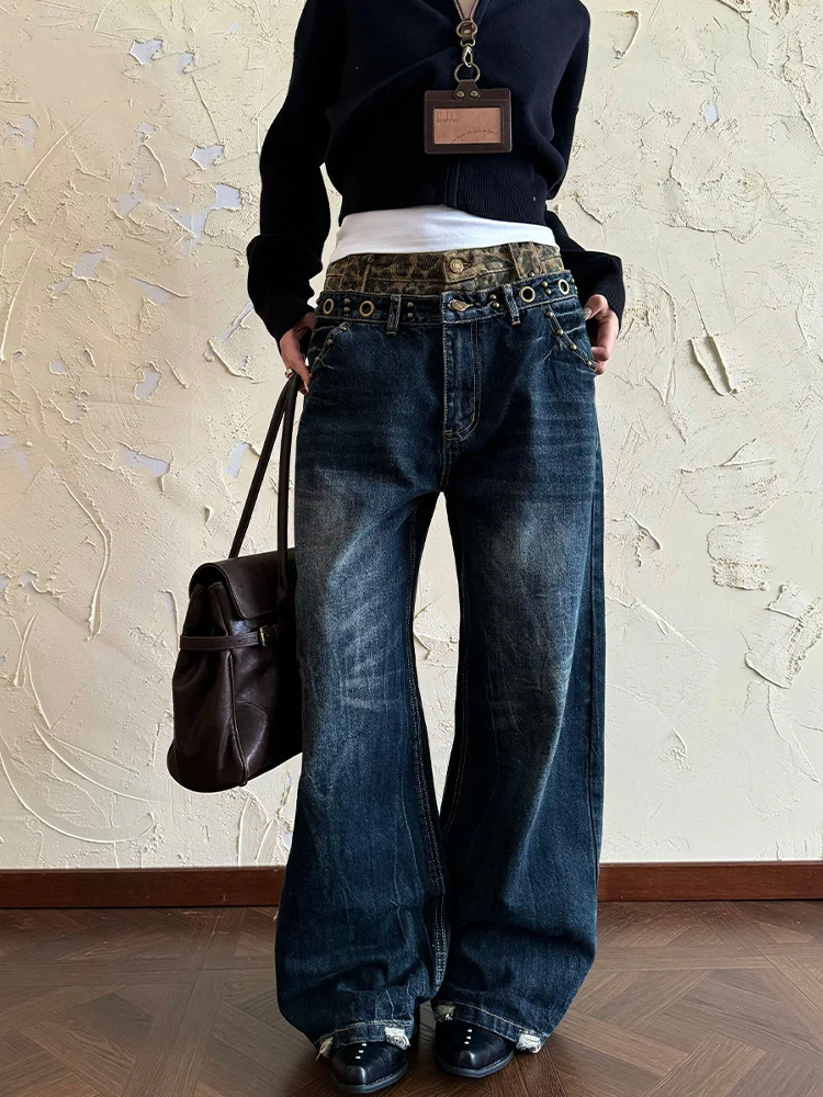 

Женские джинсы больших размеров с леопардовым принтом и пайетками, в американском стиле, свободные, прямые, широкие, повседневные, длинные