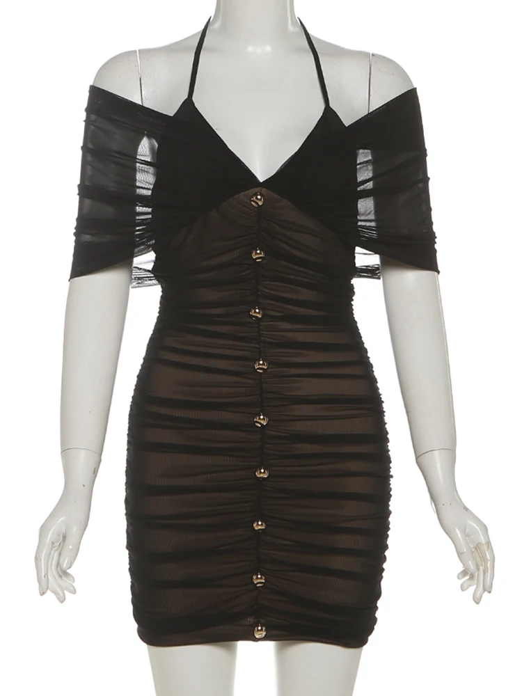 Weird Puss Y2K Robe Halter en Maille pour Femme, Sexy, Froncée, Patchwork, Plissée, à Lacets, Col en V, Boutonnée, Élégante, Effet Pêche, Extensible, Coupe Moulante