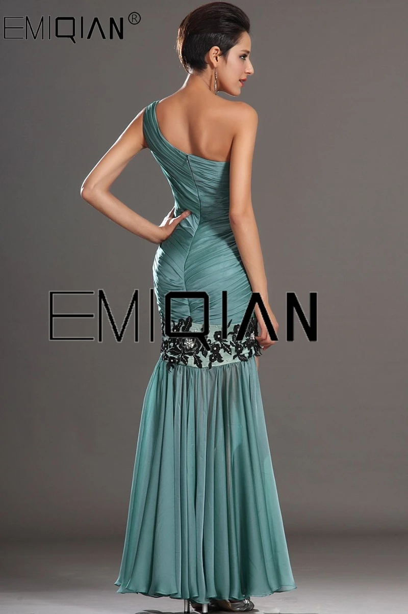 Fantastic One shoulder Asymmetricel Chiffon Evening Dress Floral Lace Applique Hi-lo Evening Gown