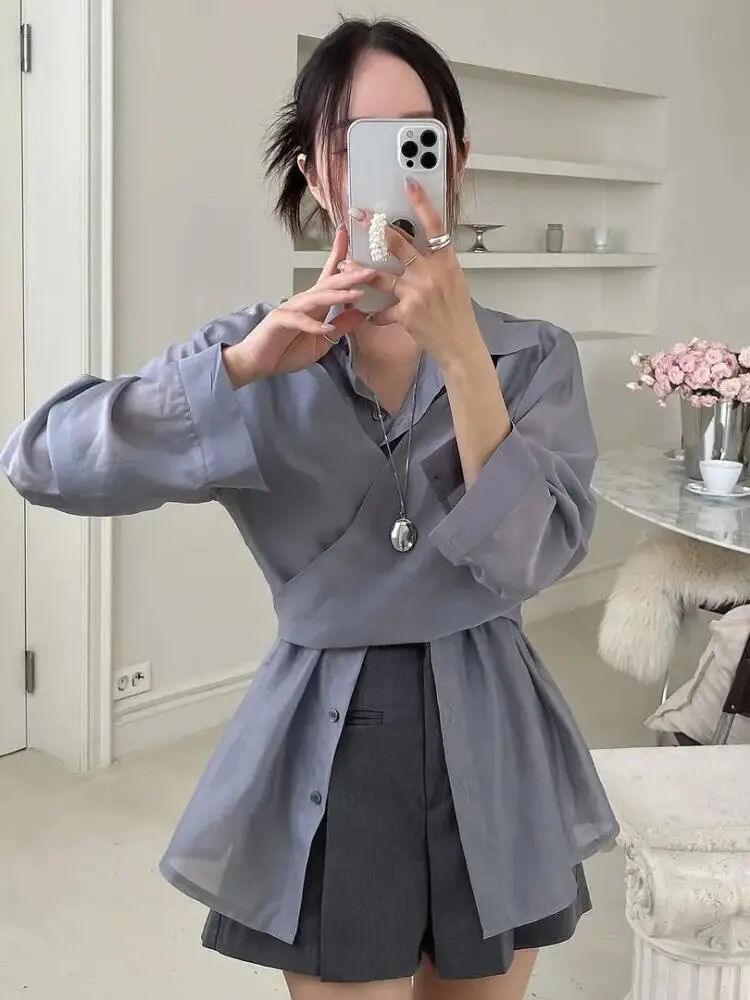 

Женская рубашка с перекрестным ремешком, воротник-поло с длинным рукавом, утягивающий топ, легкий корейский модный уличный универсальный осенний повседневный топ