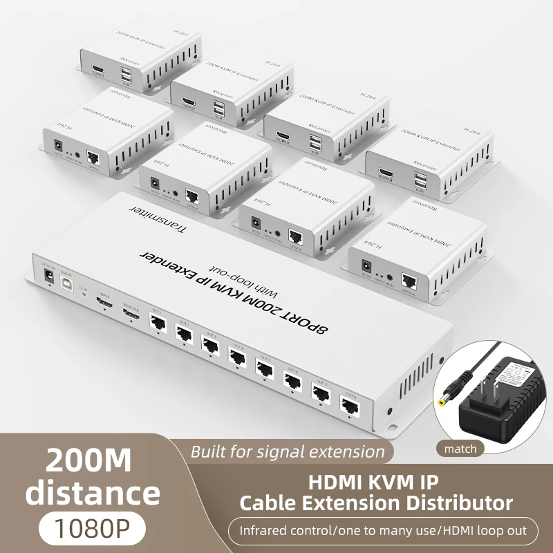 200m 8 Port RJ45 HDMI KVM IP Extender with Loop-out Via CAT6 Ethernet Cable Video Transmitter and Receiver 1 To 8 1x8 Splitter