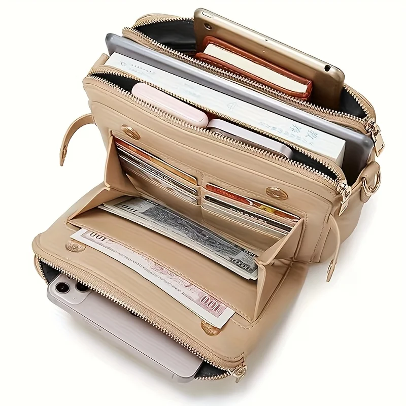 Sac à bandoulière beige élégant avec poches zippées, sangle réglable et fermeture magnétique. Sécurisé et élégant pour tous les jours et les voyages.