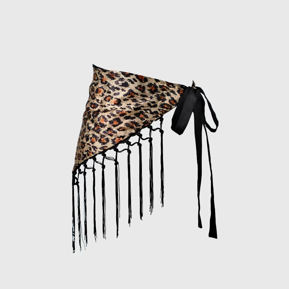 Hippie Leopard Print Triangle Hip Scarf Tie Dye Self-tie Tassel Fringe Wrap Fringed Edge Decorative Waist Scarf Streetwear Style