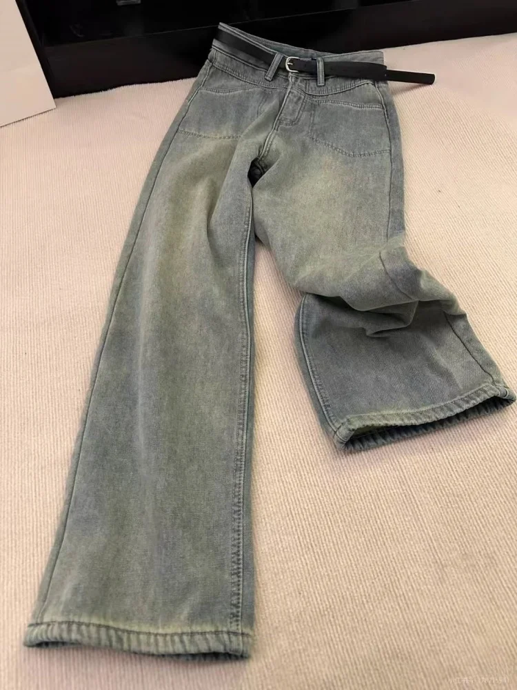 Pantaloni in denim Thi foderati Fce taglie forti Donna Pantaloni invernali larghi a vita alta slim dritti a gamba larga Abbigliamento casual vintage Sle