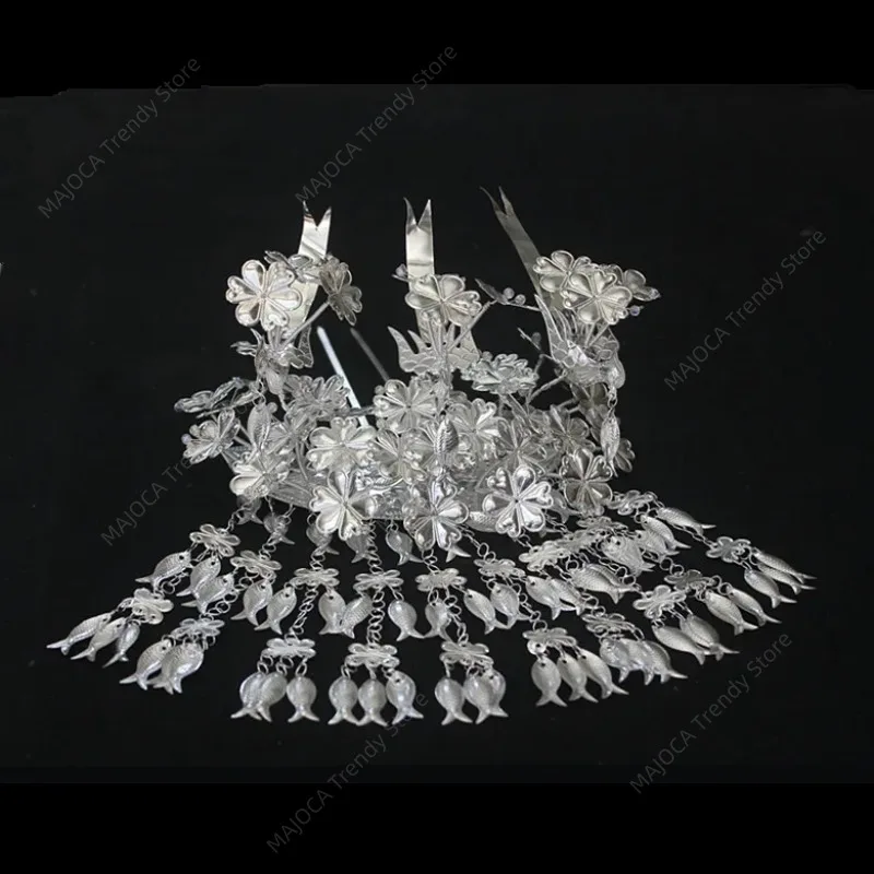 Homng Headwear Miao Silver Hat Miao Clothing Hair Accessories Orient Chinese Folk Style Dance Wear Headdress Hmong Jewelry