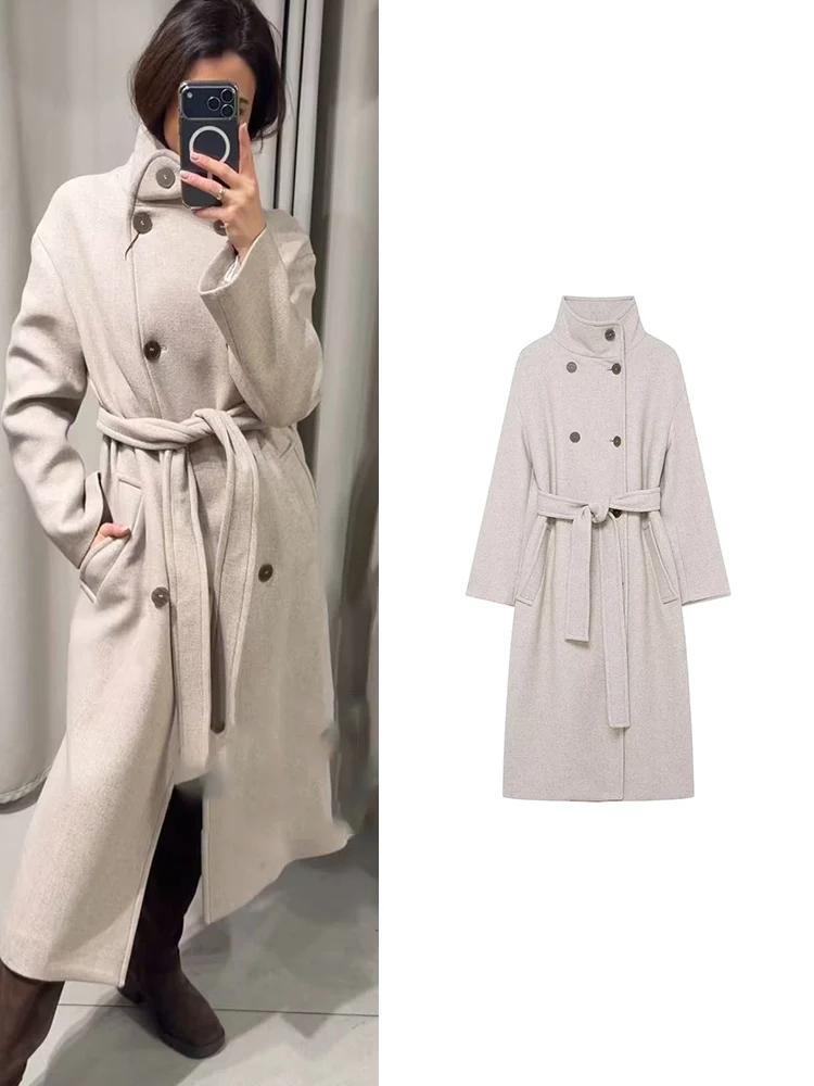 

Новое элегантное шерстяное пальто TFMLN для женщин, однотонное, с отложным воротником, двубортное, с поясом, длинное, зимнее, новая модная верхняя одежда