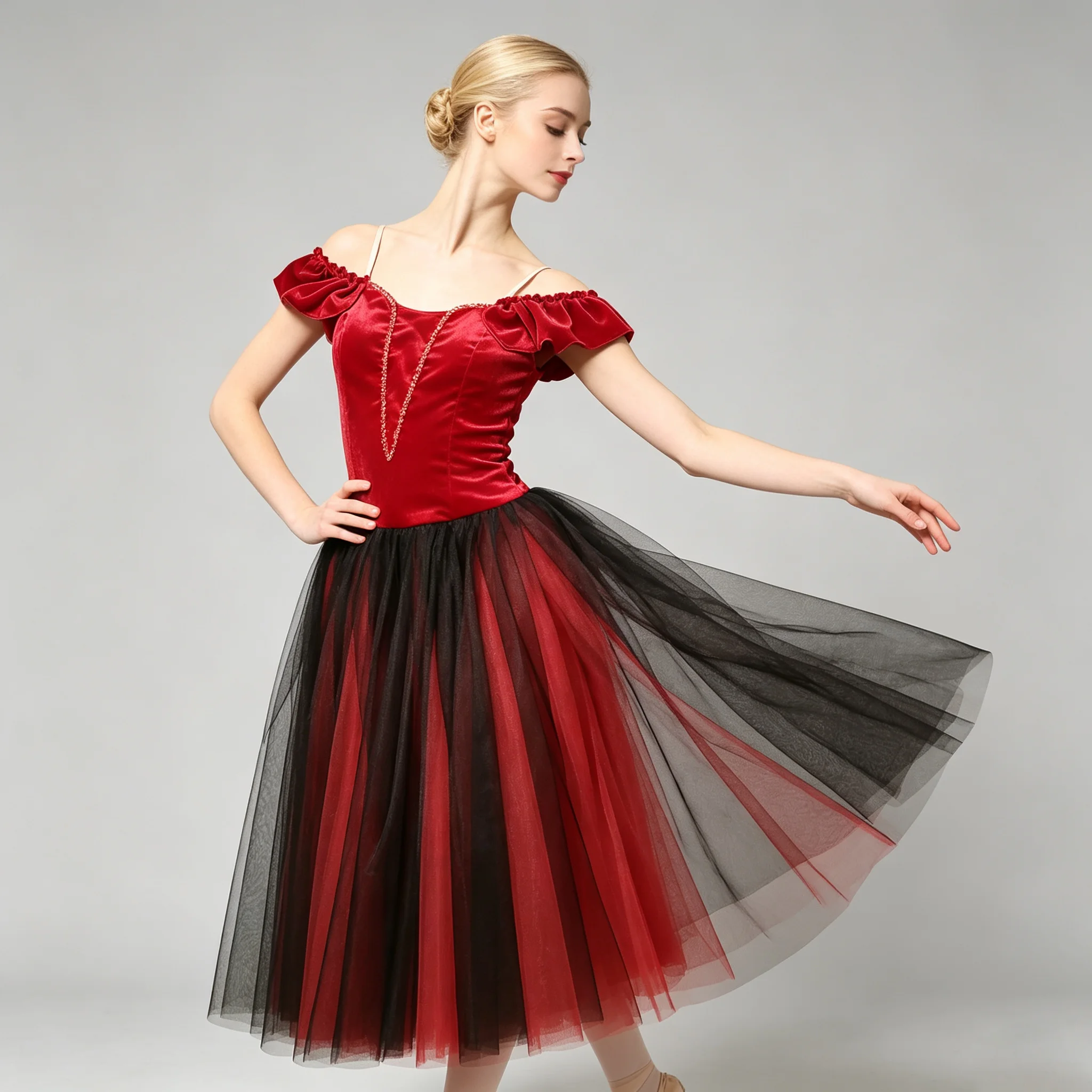 Vestido de ballet rojo y negro para niñas, con diseño de hombros descubiertos, de satén y tul largo, falda tutú, disfraz de flamenco para niños, atuendo para presentaciones escénicas infantiles.