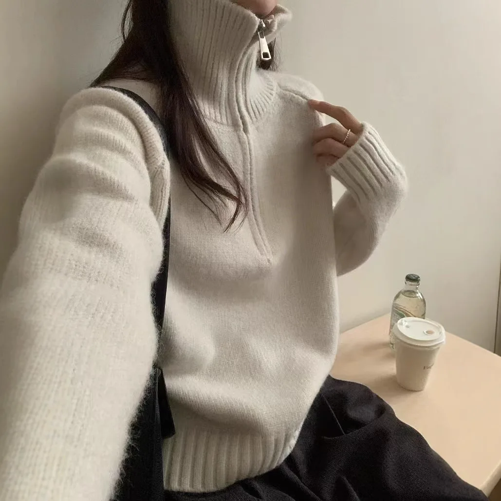 

Women Knitting Sweater 2025 Autumn Winter Loose Knit Women's Half Zip Turn Down Collar Stand Collar Fashion Outerwear