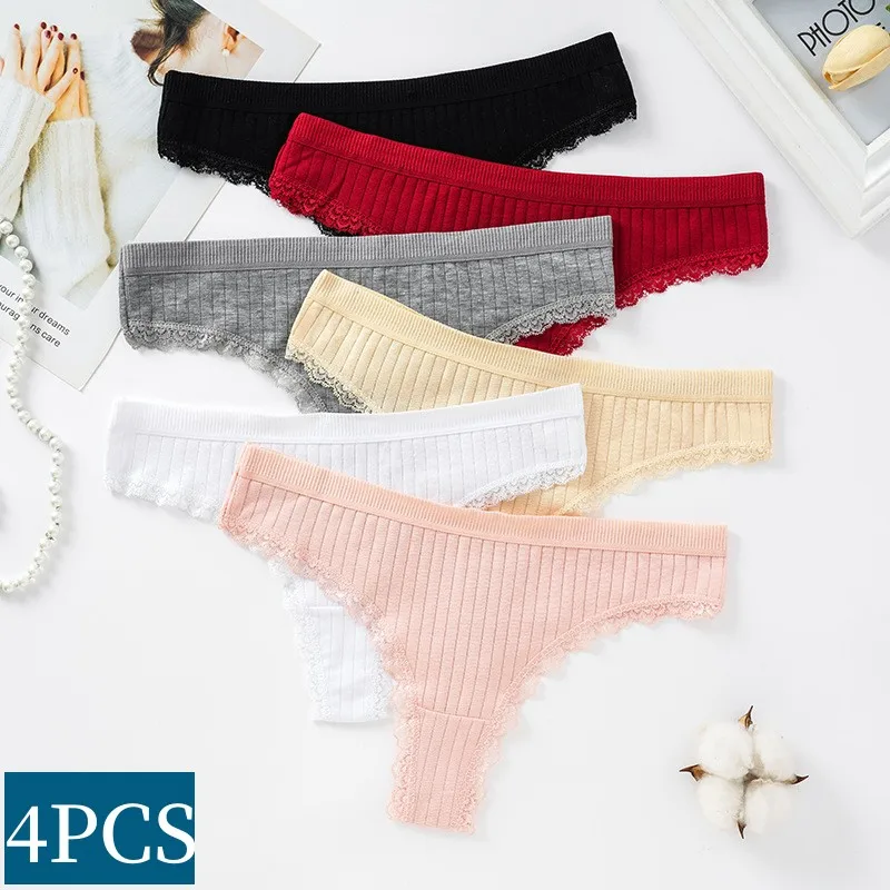 4Pcs/Set Women\'s Cotton Panties Thongs Comfort Low-Rise G-string Female T-Back Underwear Solid Color Underpants M-XL Lingerie