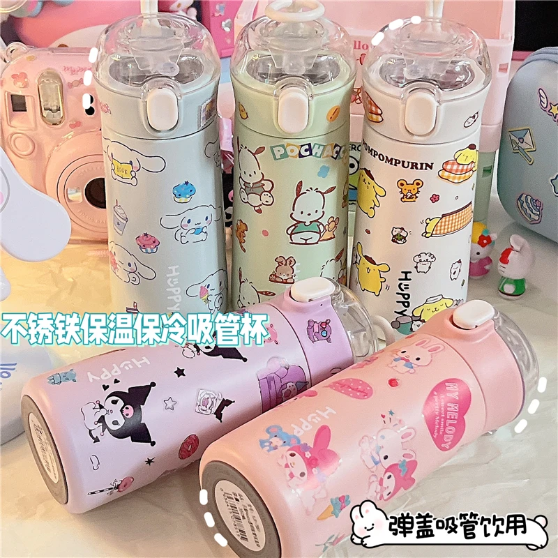 350ML Kawaii My Melody Kuromi Cinnamoroll 304 Stainless Steel Spring Lid Insulation Cup Anime Sanrio Girl Heart Cute Straw Cup