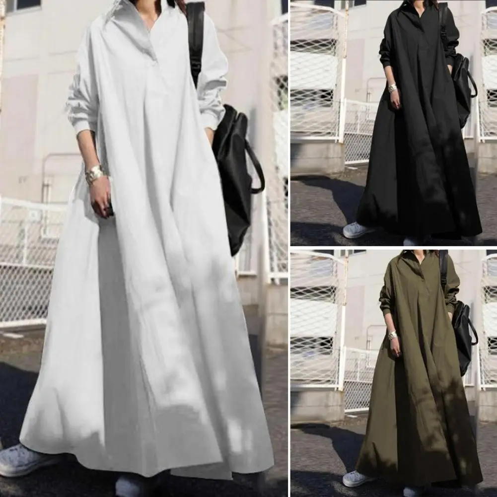 

Loose Cut Maxi Dress Elegant V-neck Long Sleeve Shirt Dress for Women Solid Color Loose Sundress with Single Breasted for Spring