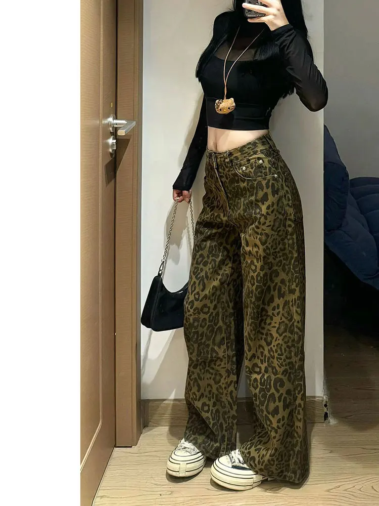 

American Retro High Street Loose Wide Leg Leopard Print Design Jeans High Waist Straight Leg Floor-Length Pants for Women