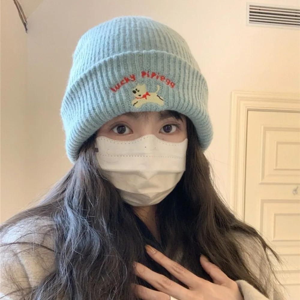 

Cute Puppy Embroidery Winter Knitted Hat Thicken Windproof Beanie Cap Soft Winter Warm Crochet Bonnet Hat