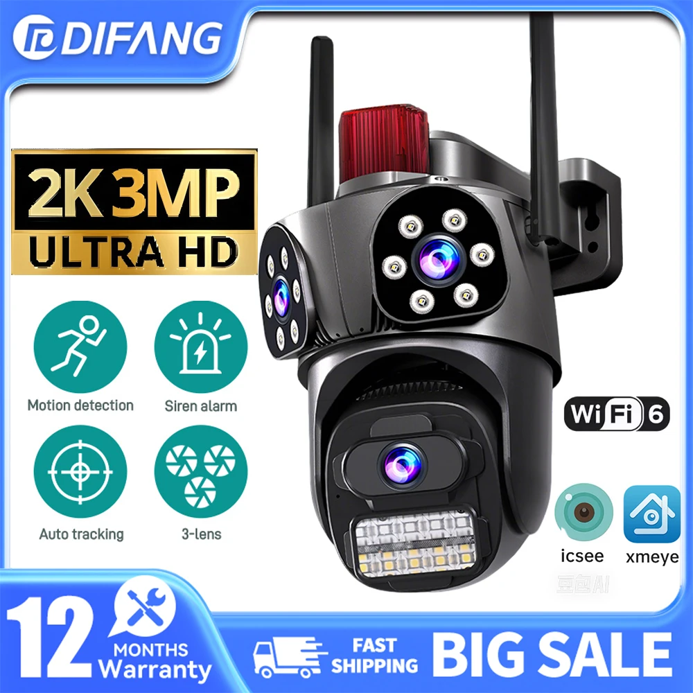 

2K WiFi Security Camera 3MP HD 3 Lens Outdoor Cameras Home Security Waterproof AI Tracking Light Alarm Color Night 2-Way Talk