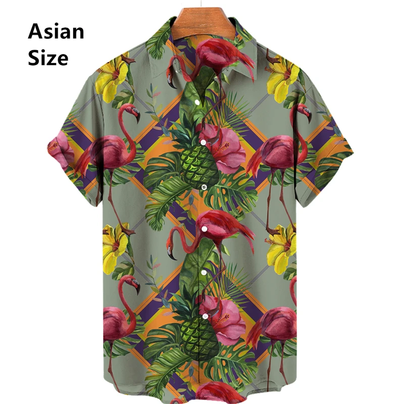 Camisas con estampado 3D de hojas y flamencos para hombre, camisa hawaiana informal de playa, Tops de moda de manga corta, blusa masculina, ropa de verano barata