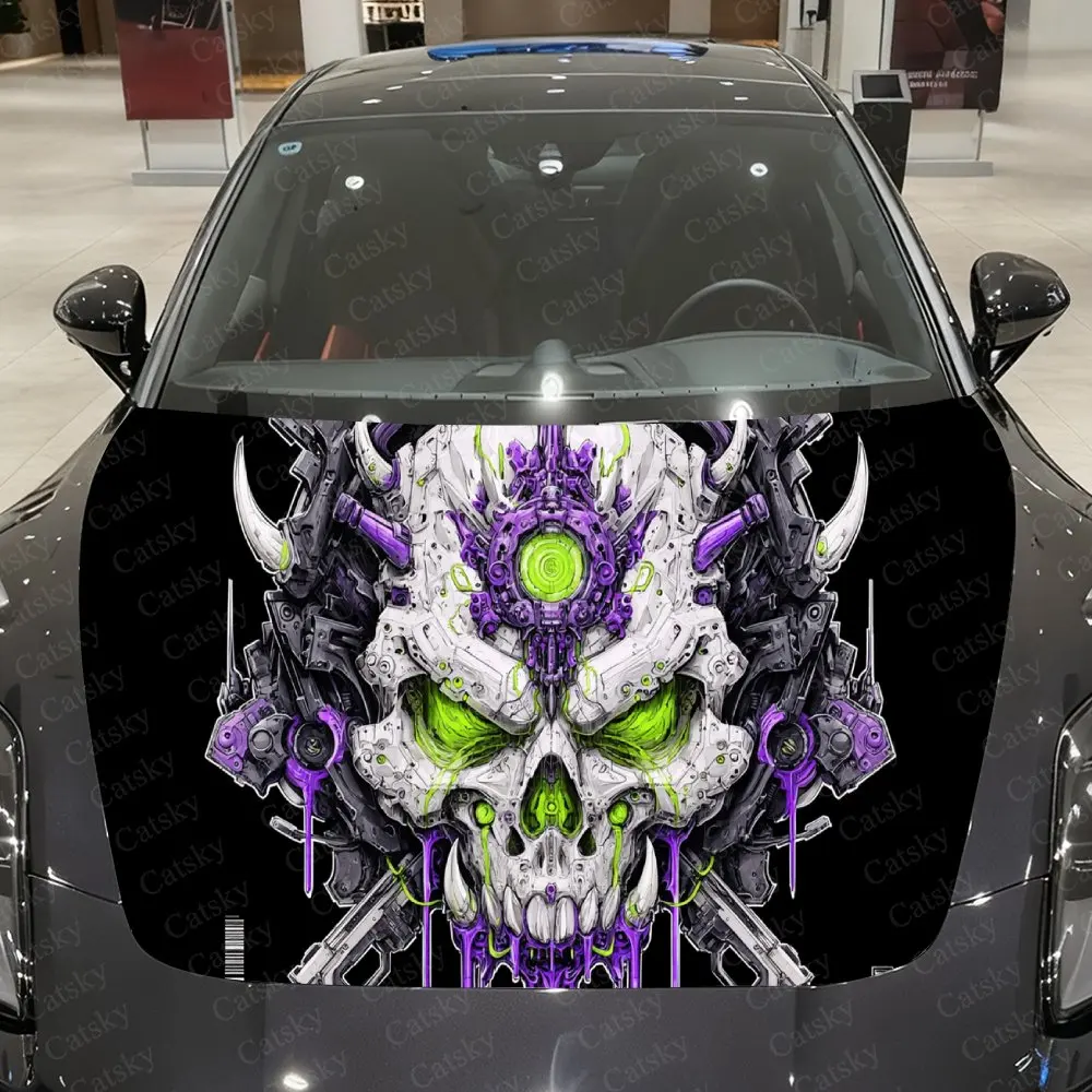 

Неоново-зеленая виниловая пленка для автомобиля с изображением демонического черепа, водонепроницаемая наклейка на капот из ПВХ, самоклеящиеся устойчивые к царапинам наклейки
