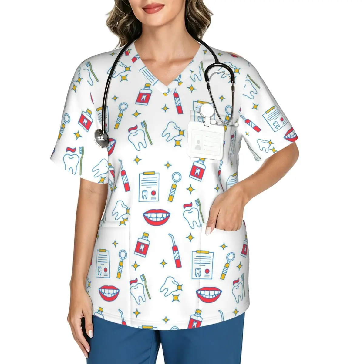 New Scrubs Shirts Medical Nurse Cartoon Uniforms Men Women's V Neck Short Sleeve Tops Pockets Nursing Blouse
