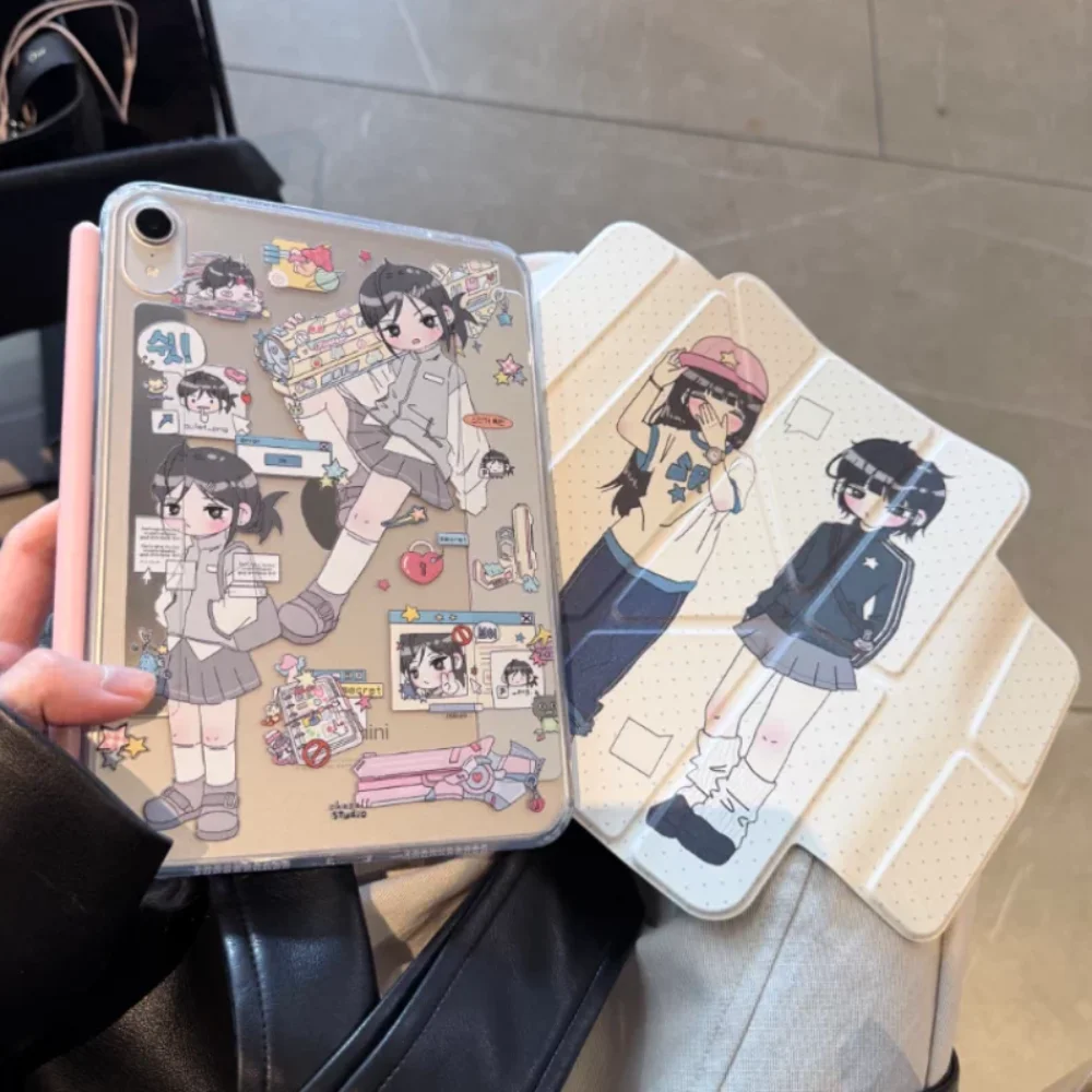 Korean Ins College Style Manga Girl Y2K Cover For iPad Pro 13 11th M5 M4 12.9 A16 10 8 7 9th 10th Air 11 M2 M3 Mini Tablet Case