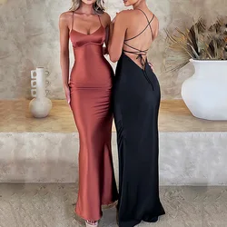 Robe Longue d'Été en Satin pour Femme, Tenue de Soirée Sexy, à Bretelles, Dos aux, Jupe Longue à la Taille