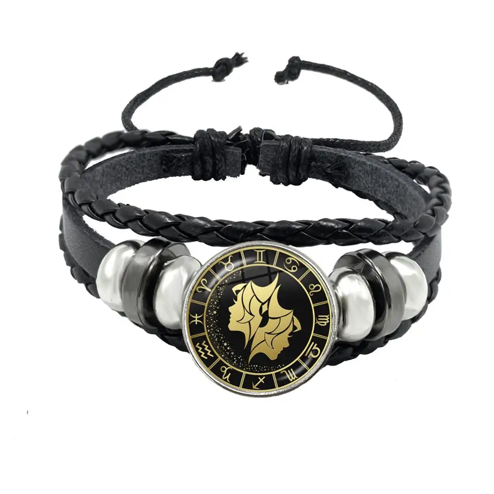 12 Constellation Bracelet Scorpio Sagittarius Capricorn Aquarius Black Rope Leather Button Bracelet Zodiac Jewelry For Gift