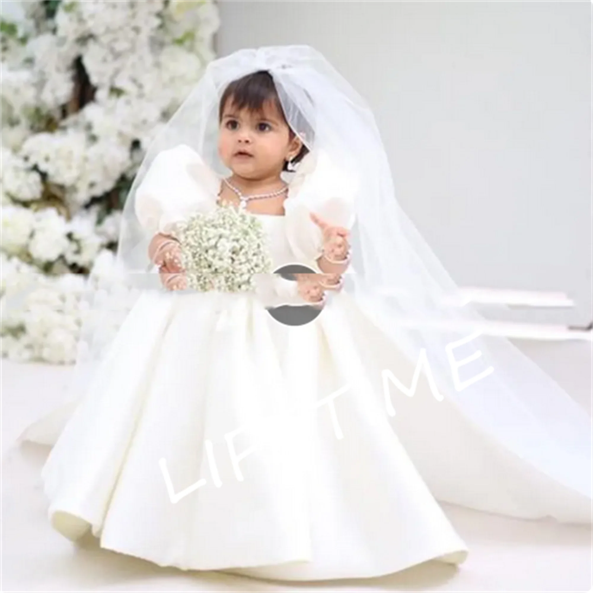 Vestidos Infantis Ivory Princess Flower Puffy, Linha A, colarinho quadrado, vestido de casamento infantil com capa, vestidos de noiva de cetim infantil, 2023