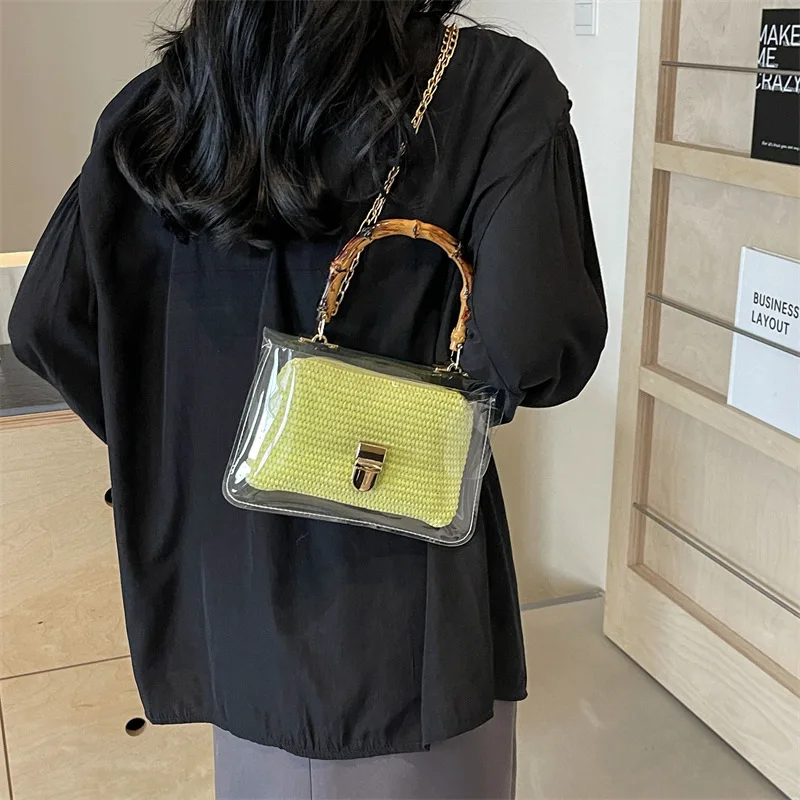 Transparent Small Weave Straw Crossbody Bags with Short Handle for Women 2024 Summer Korean Fashion Shoulder Bags Lady Handbags