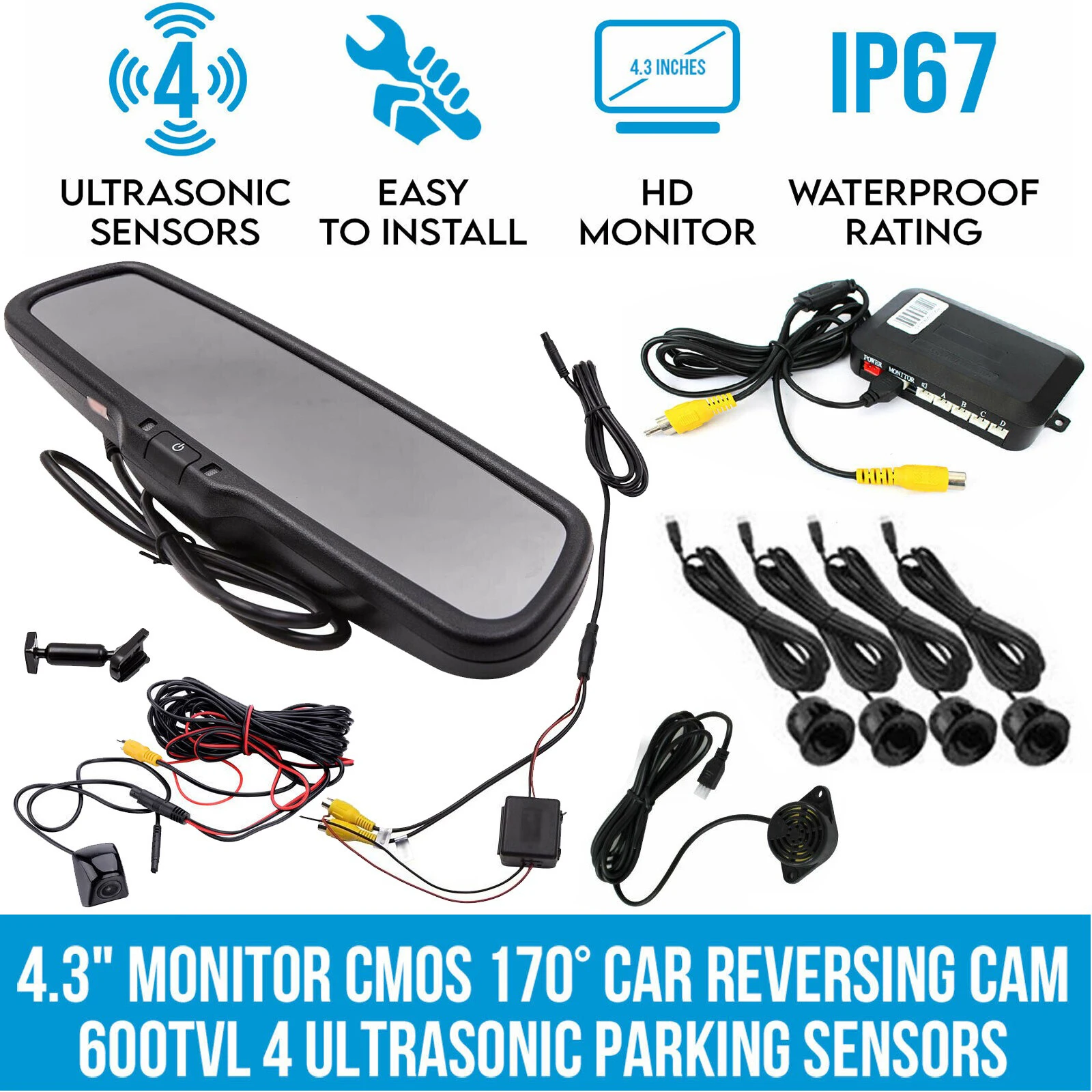 

Lastbus 4.3" Mirror Car Rear View Monitor With Reversing Backup Waterproof Camera+4 Parking Radar Sensor & Alarm Beeper System