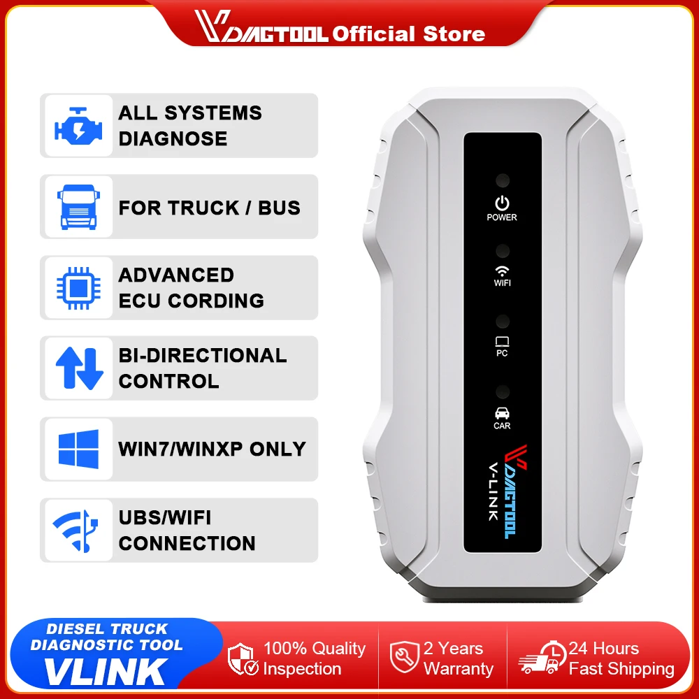 Vdiagtool VLINK Diesel Truck Diagnostic Tool For CAT For Cummins Truck Tools Heavy Duty Truck Scanners For Volvo ECU Coding