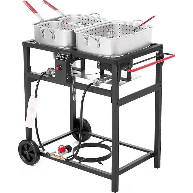 Fire Riot Propane Outdoor Double Burner Deep Fryer Cart, 2-18QT Aluminum Pots & Frying Baskets, Best for Fish Fry, Wings