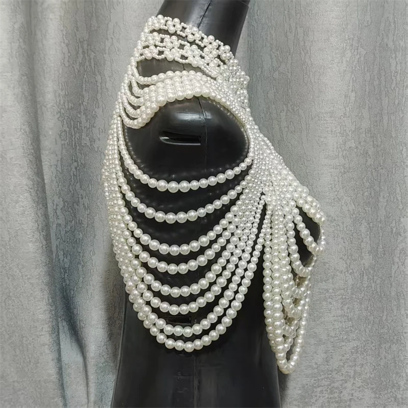 Damen-Top, mehrschichtige Perlen-Körperkette, handgewebter Schal, Harness, Braut- und Abendkleid-Accessoire, Party-Top, Damenbekleidung – Detail 9